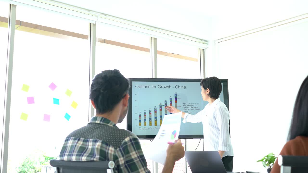 비즈니스 여성은 프로젝트 계획을 제시하고 비즈니스 아이디어를 공유하기 위해 함께 만납니다. 브레인 스토밍 개념, 워, 회의 팀워크 및 대시보드.