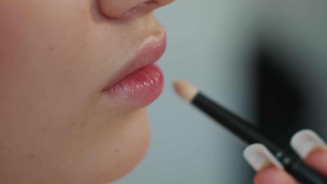 Soft Lighting Highlights Refined Cosmetic Blending Process, Closeup Of Model With Seamless Concealment Around Lips, Expertly Blended Makeup On Model Illuminated By Gentle Studio Lighting