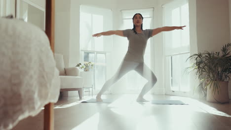 relax, yoga and morning with woman in living room