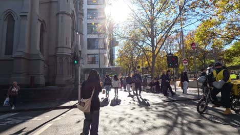 pedestrians crossing street in sunny melbourne