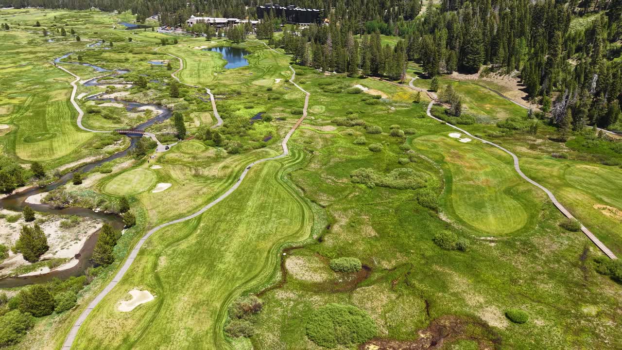 Olympic Valley, Lake Tahoe, California USA . Drone Shot of Walking Paths and Green Landscape in Summer Season