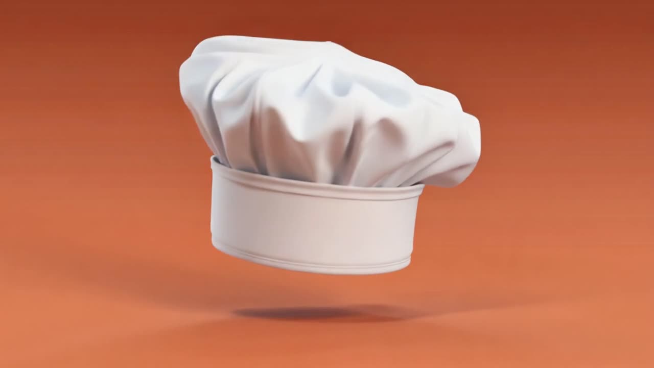 White Chef's Hat Rotating and Bouncing on Orange Background