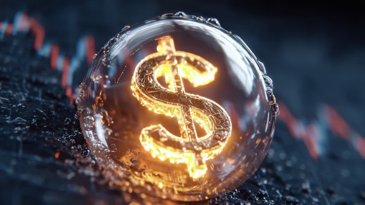 Una straordinaria visualizzazione della ricchezza: Un luccicante simbolo del dollaro racchiuso in una bolla su uno sfondo di dati finanziari e tendenze di mercato.