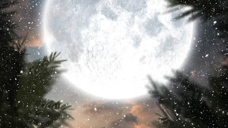 snow falling over trees on winter landscape against moon in night sky