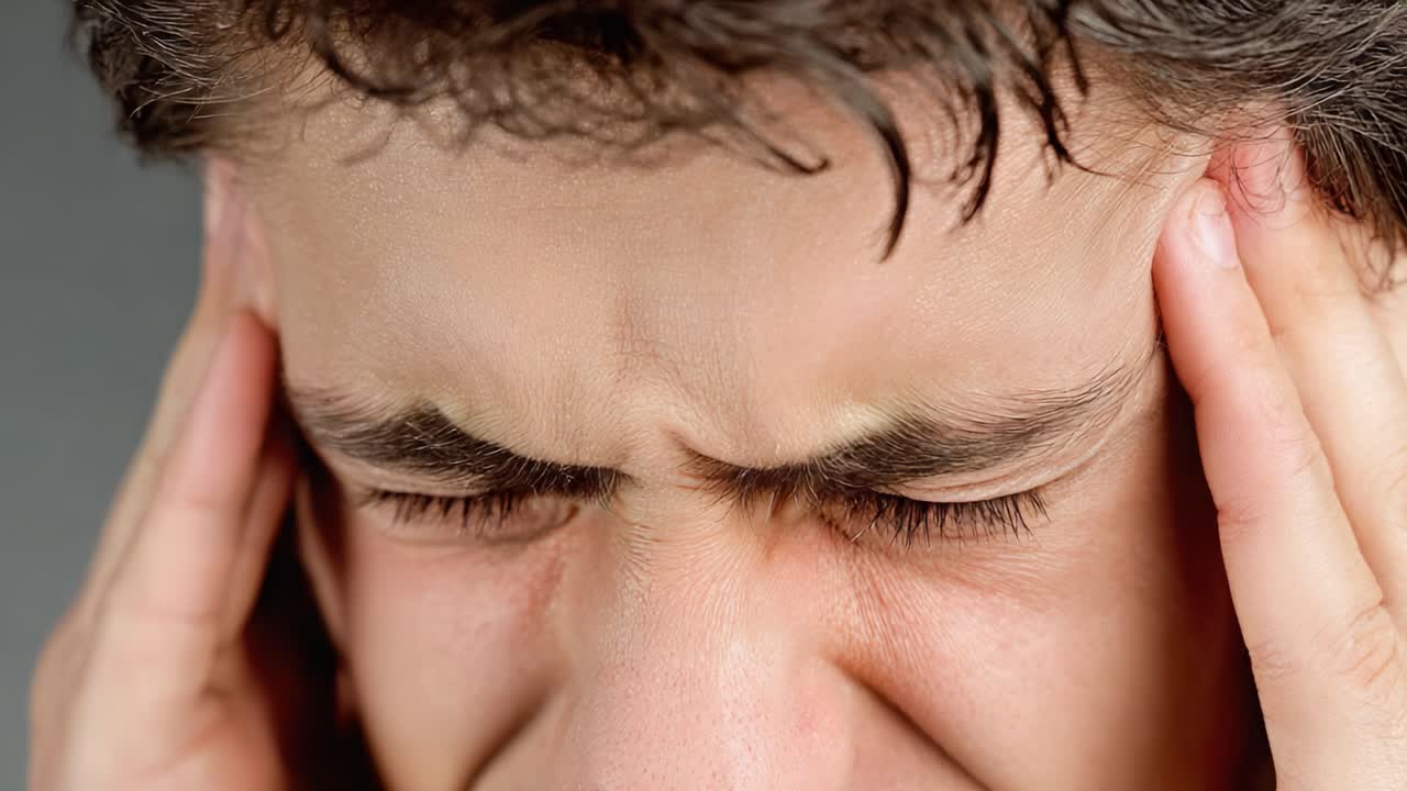 Un giovane uomo che prova dolore: primo piano della sua espressione che riflette disagio e sofferenza mentre si tiene la testa tra le mani per la frustrazione causata da un problema non rivelato