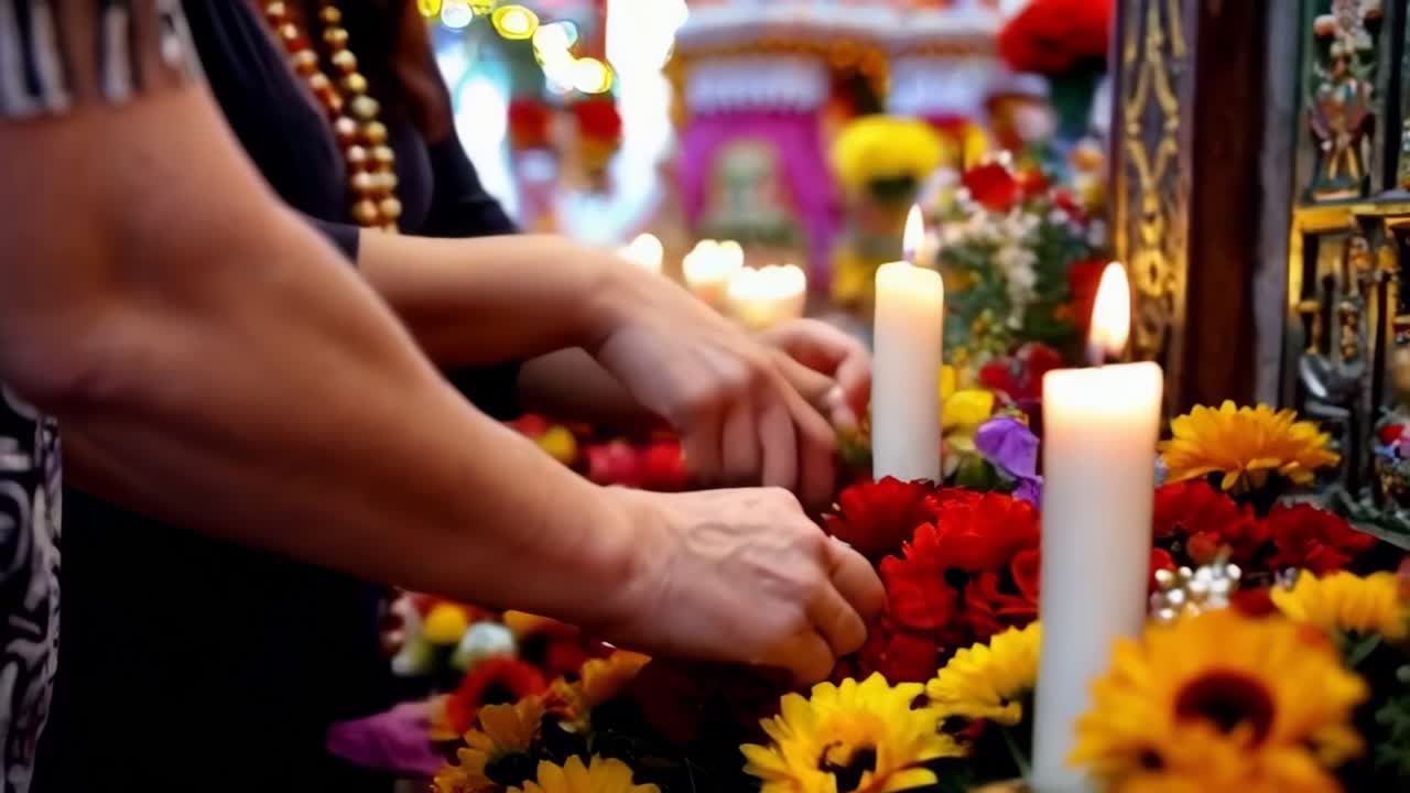 A person is lighting candles in front of a skull and flowers, Dia de Muertos in Mexico