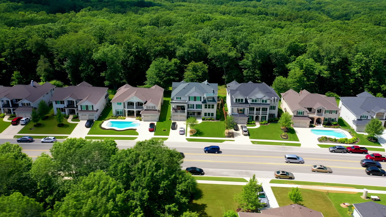 Aerial Drone View Suburban Street Pools Showcasing Row Of Modern Houses, Manicured Lawns, Driveways With Cars,
