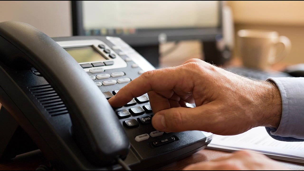 Close up of hand operating office telephone communication system and controls