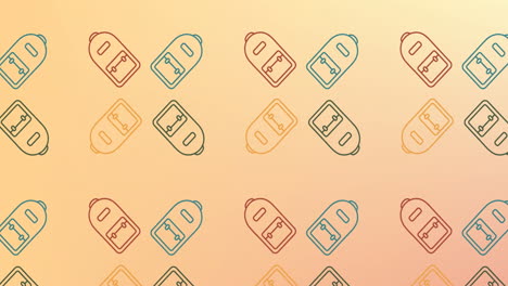 animación de múltiples iconos de bolsos escolares en un patrón sin costuras contra un fondo naranja