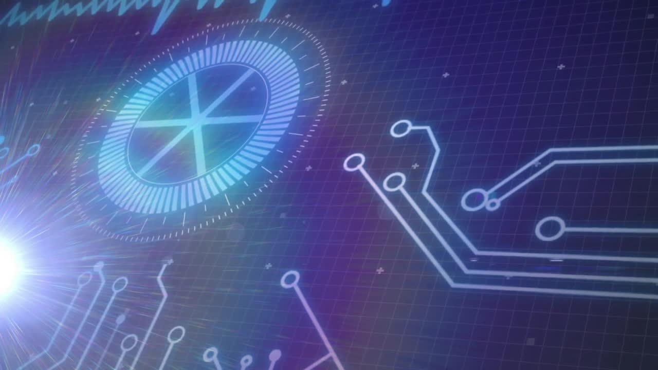 Lens flare bursting, gauge fading, waveform oscillating, circuit animating, interface showing HUD