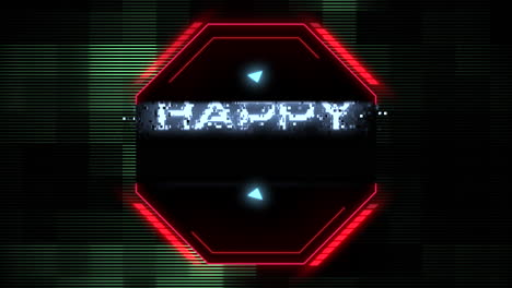 futuristic neon sign glowing happy birthday in red and blue on black background