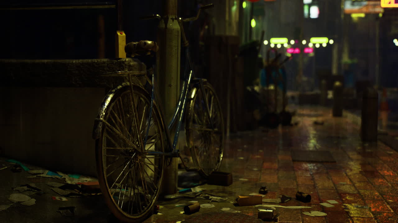 Abandoned bicycle on rain soaked urban street at night in vibrant city