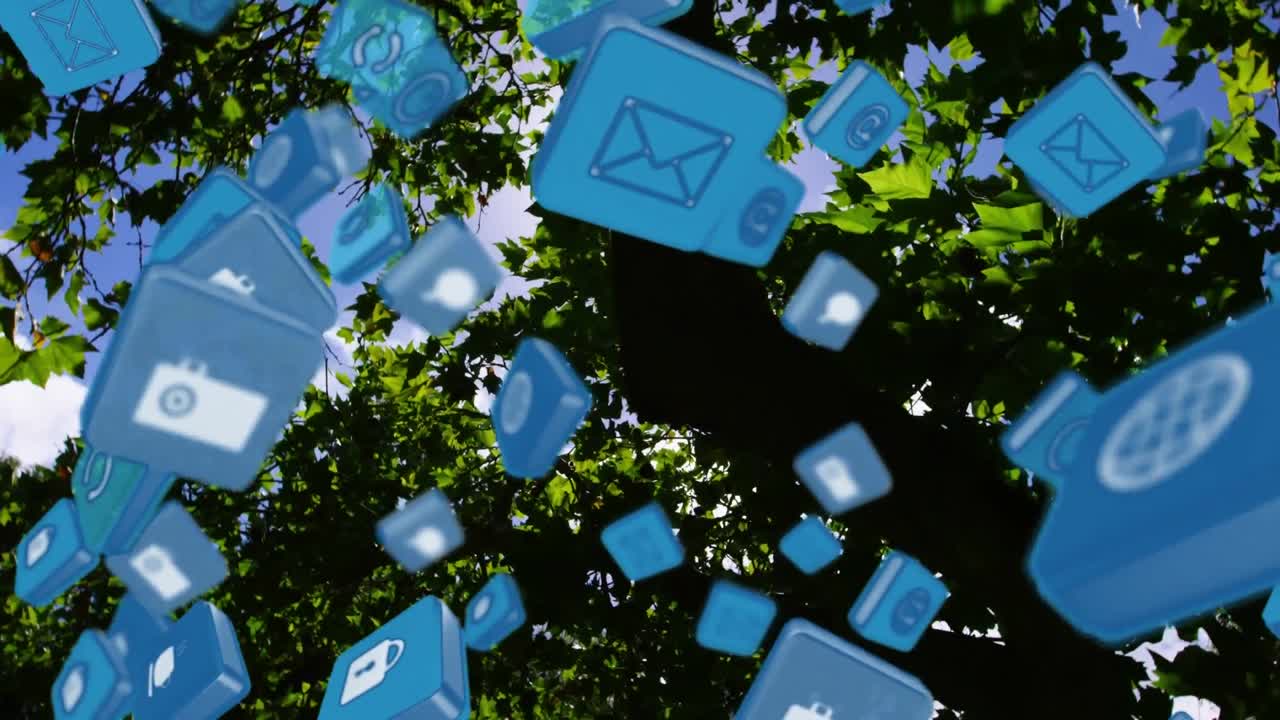 animación de iconos digitales flotando sobre un fondo negro