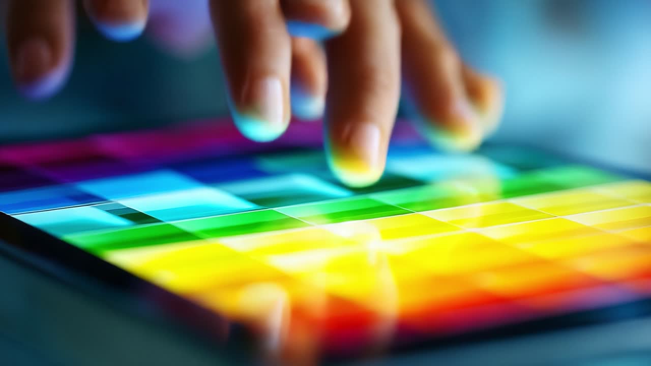 A close-up view of a fingertip delicately pressing on a vibrant touchscreen interface, showcasing an array of colorful pixels and patterns that illuminate the modern digital experience