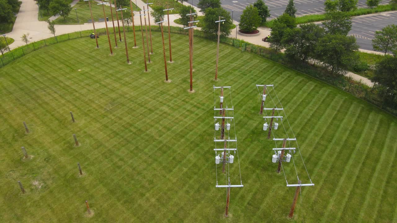 Aerial view of Overhead lineman training center at Henry Ford College, Dearborn Michigan, USA