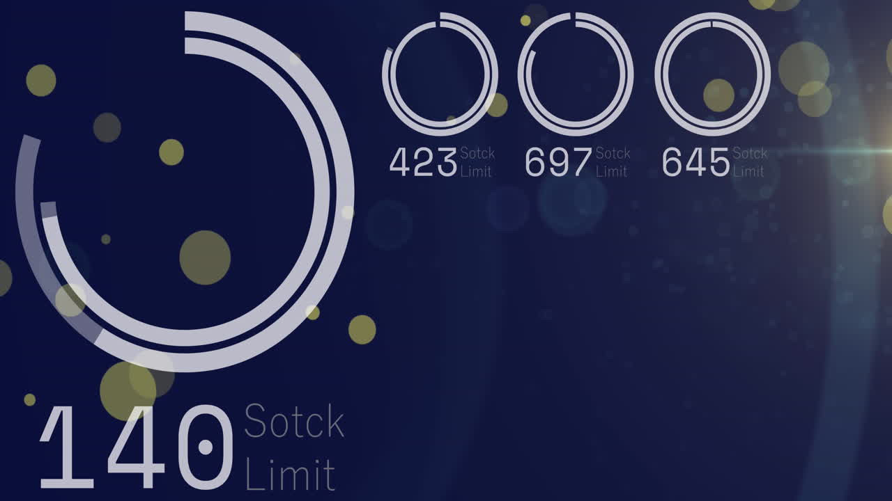 animación del procesamiento de datos del mercado de valores sobre manchas amarillas y manchas de luz sobre fondo azul