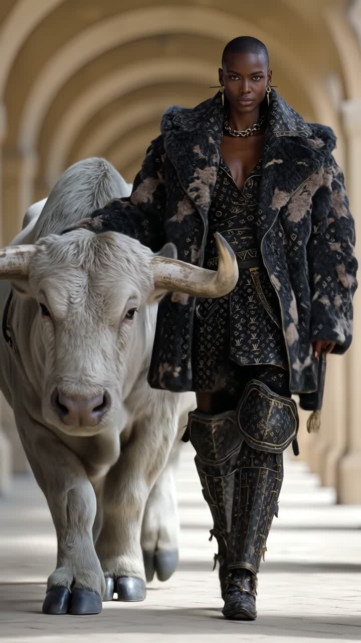 Donna forte in pelliccia che conduce un grande toro bianco attraverso antichi archi in pietra.