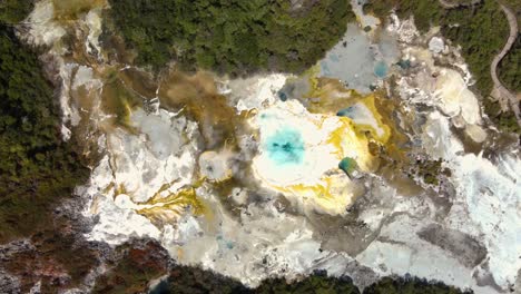 silica mineral formation from thermal activity at orakei korako geothermal area in rotorua, new zealand - aerial top down