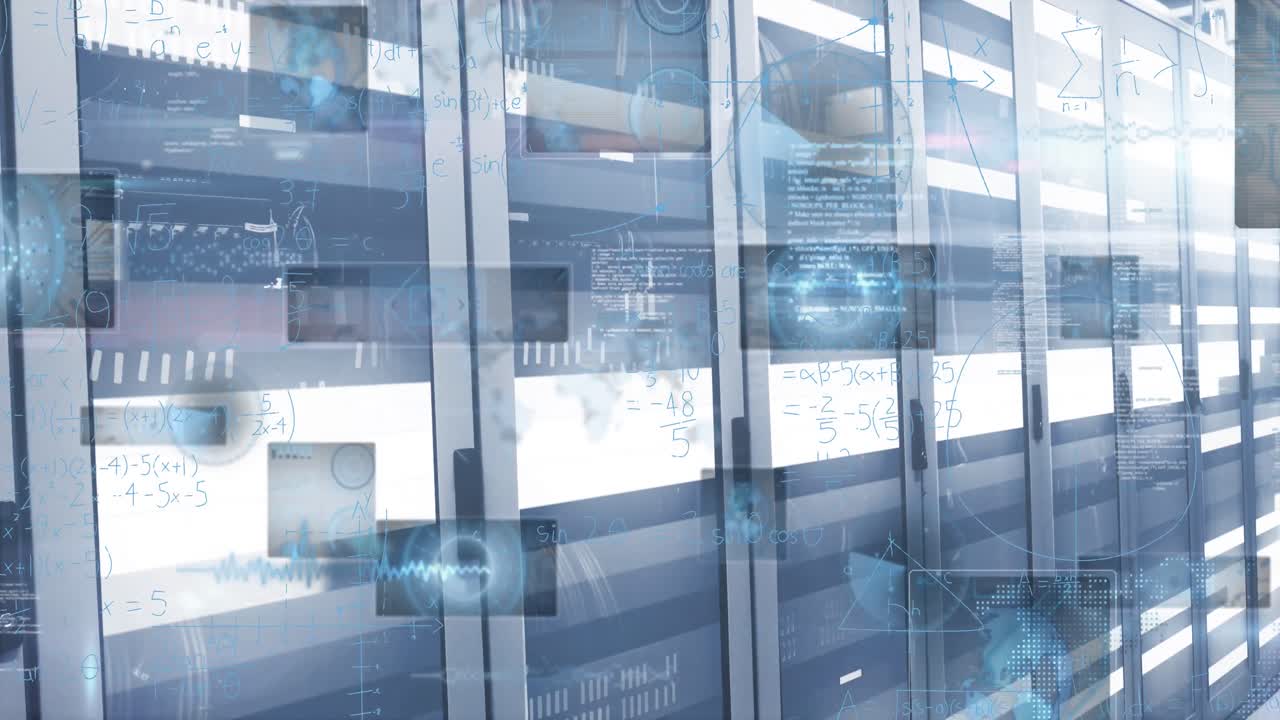 Animation of infographic interface and illuminated moving lines over server room