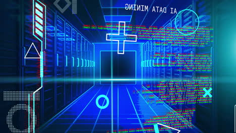 animation of blue scanner beams and rotating shapes with processing data over server room