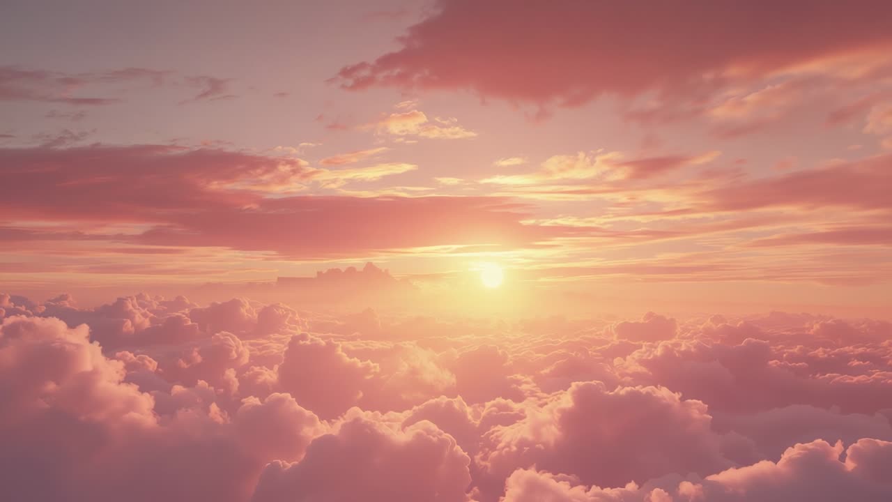 Sun rising above horizon illuminating pink cloud layer at dawn from aerial view heralding daybreak