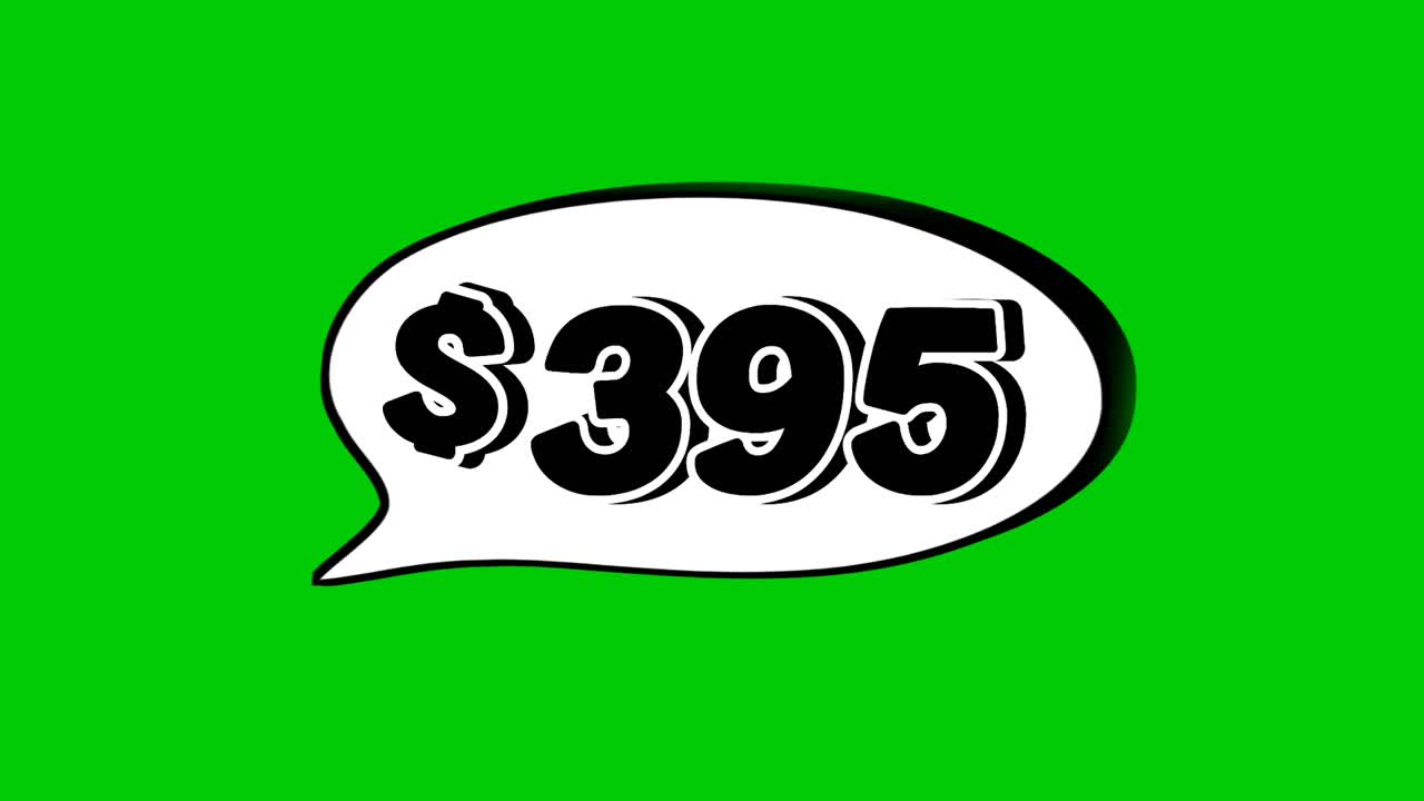 Animation med pris på 395 dollars i en taleboble på grøn skærm. Perfekt til salg, annoncer eller promovideoer. Nem at bruge og tilpasse som videoelement i dine projekter.