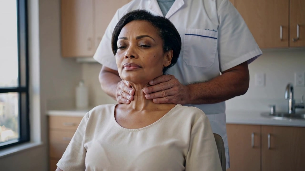 Mani che si muovono, clinico in camice bianco che palpa il collo di una donna seduta in clinica per una visita, asciugamano.