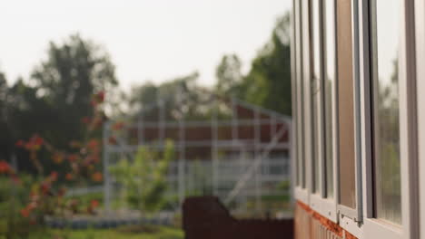 Side view of white framed glass windows on building reflecting lush garden and greenhouse metal frame with blurred trees in warm sunlight, focus on window panels and light play on glass surfaces
