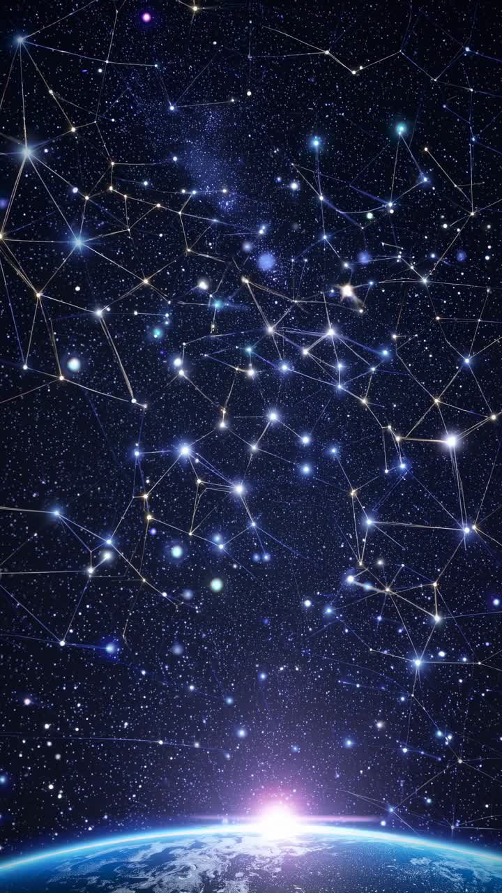 Un concepto de video cósmico con una vista en ángulo bajo de un cielo estrellado y constelaciones, mostrando una vasta extensión.
