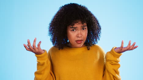 face, confused and unsure black woman in studio