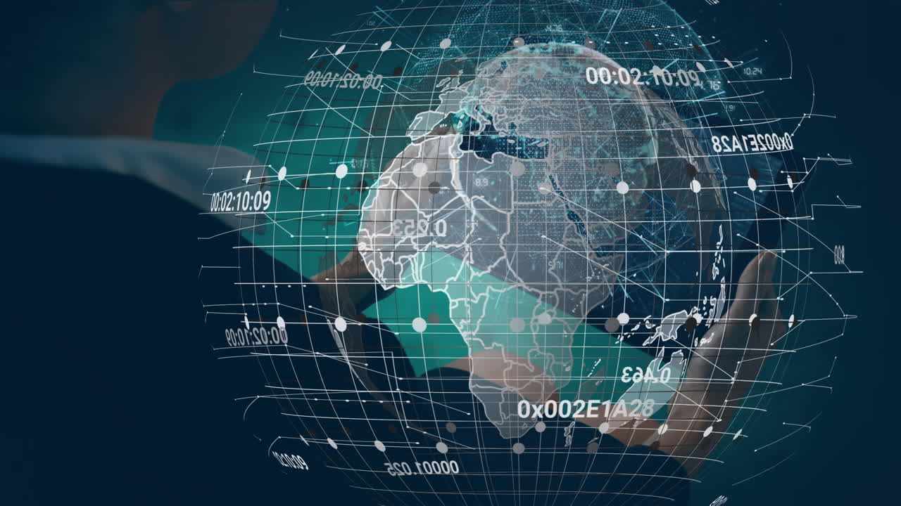 태블릿을 사용하는 코카시안 사업가 여성에 대한 데이터 처리와 함께 지구의 애니메이션