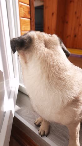 un cachorro mirando por la ventana.