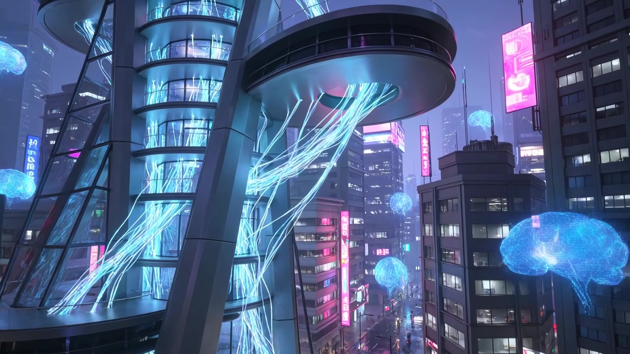 Telecamera che panoramica rivelando una torre di vetro e acciaio nella notte al neon, con nastri ciano e ologrammi di meduse.