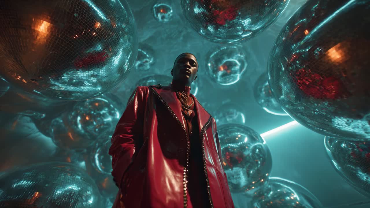 A stylish figure dressed in a striking red coat stands confidently in an ethereal space filled with reflective globes, creating a captivating atmosphere of modern elegance and artistic flair