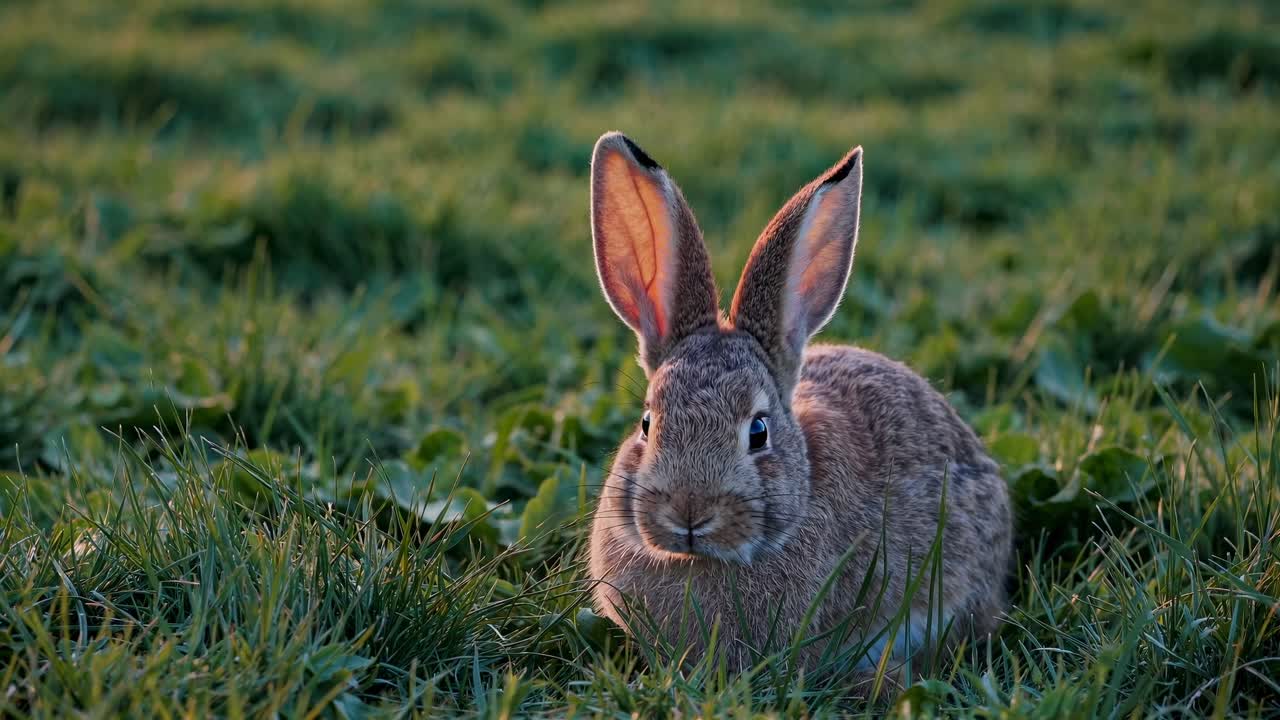 The video captures a serene rabbit in a lush green field, highlighting nature's tranquility