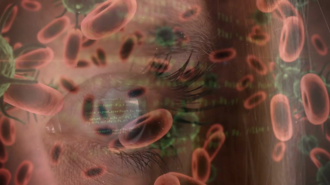 Microstrato che appare, occhio destro che sbatte le palpebre e poi fissa lo sguardo mentre le cellule fluttuano per la biotecnologia