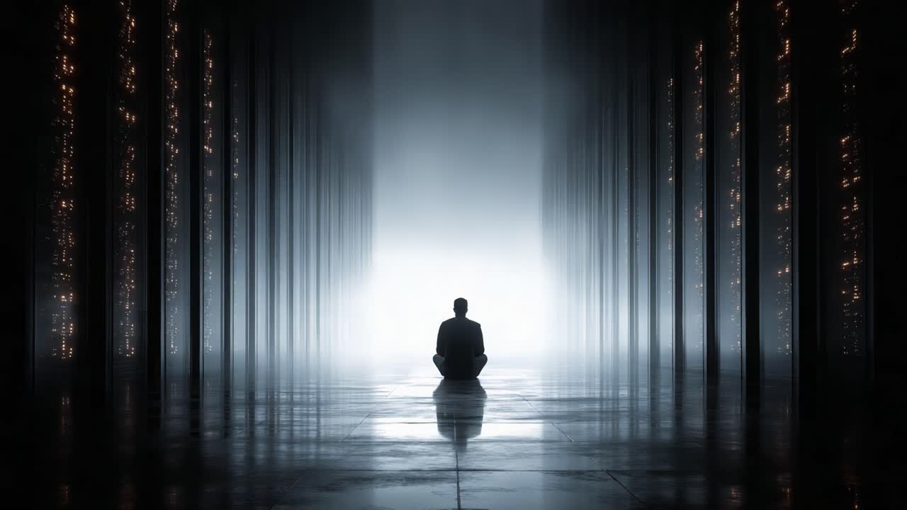 A Solitary Figure Meditates in a Dimly Lit Space, Surrounded by Glowing Columns, Evoking a Sense of Calmness and Reflection in the Depths of Silence