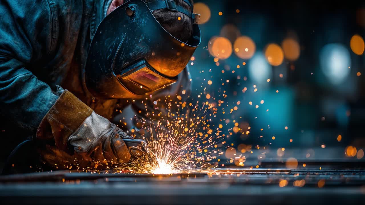 Close-Up of Skilled Welder at Work: An Engaging Glimpse into the Art of Welding, Showcasing Sparks, Tools, and the Intense Focus Required in Metal Fabrication