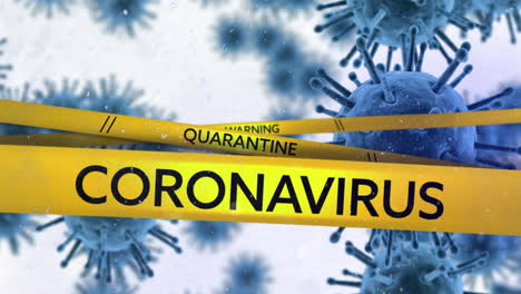 cintas amarillas de la policía con coronavirus, advertencia y texto de cuarentena contra las células de covid-19