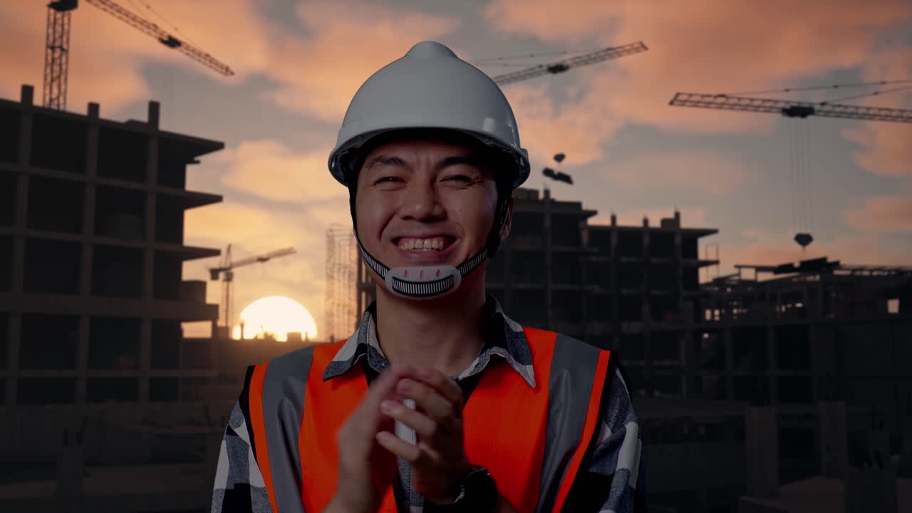 Close Up Of Asian Male Engineer With Safety Helmet Smiling And Clapping His Hands While Standing At Building & Construction Site in Progress to New House