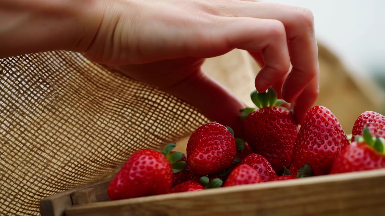 Primer plano de una mano seleccionando fresas rojas maduras de una caja de madera, con fruta fresca llenando el primer plano y un fondo suavemente desenfocado con luz natural.