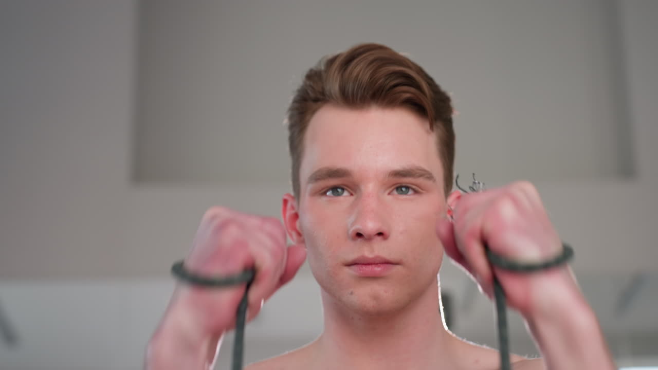 close up of shirtless resilient man exercising with resistance rope in bright sunlit room, intense facial expression showing strength, focus, and physical effort in indoor training environment