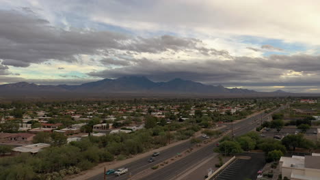 Buildings-and-road-in-small-town-Arizona,-aerial