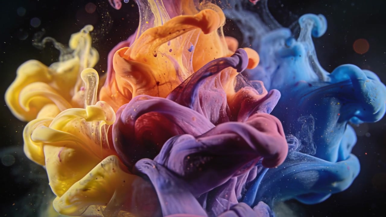 Injecting pigments unfolding into velvety plume in studio tank, showing color mixing textures