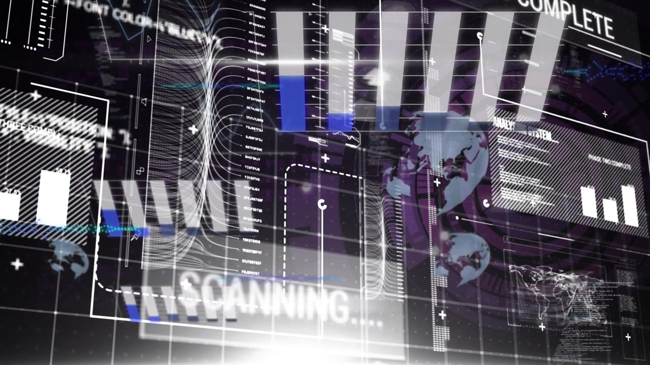 Animation of data processing and statistics on dark background