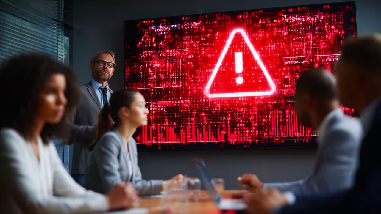 A Serious Briefing on Security Threats: A Team Discusses the Implications of a High Alert Warning Displayed on a Digital Screen During an Intense Meeting Scenario