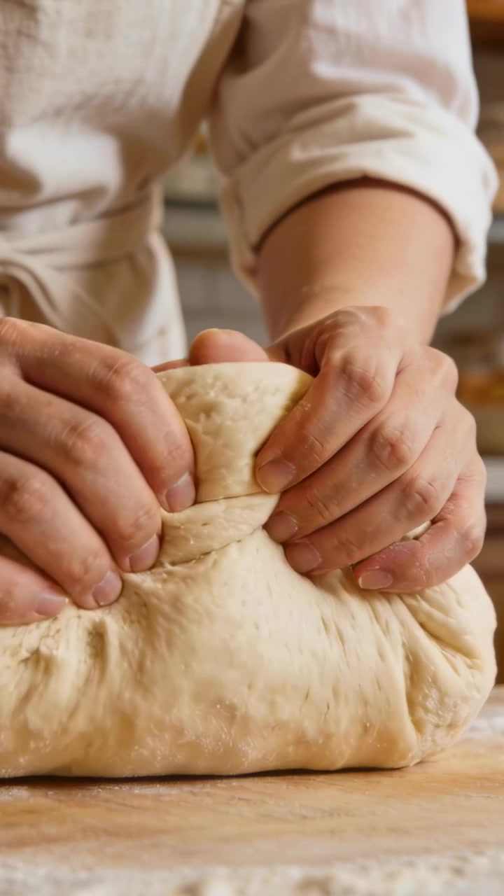 Vertical video: Placing hands, baker in apron folding and pinching dough on board, shaping loaf