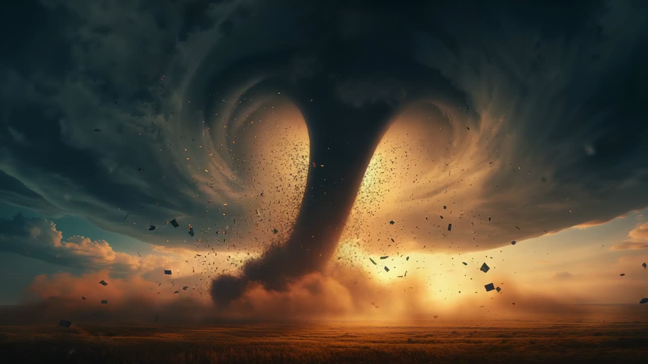 Subtle wind gusts initiating twin dust funnels merging into single vortex over plain, with debris