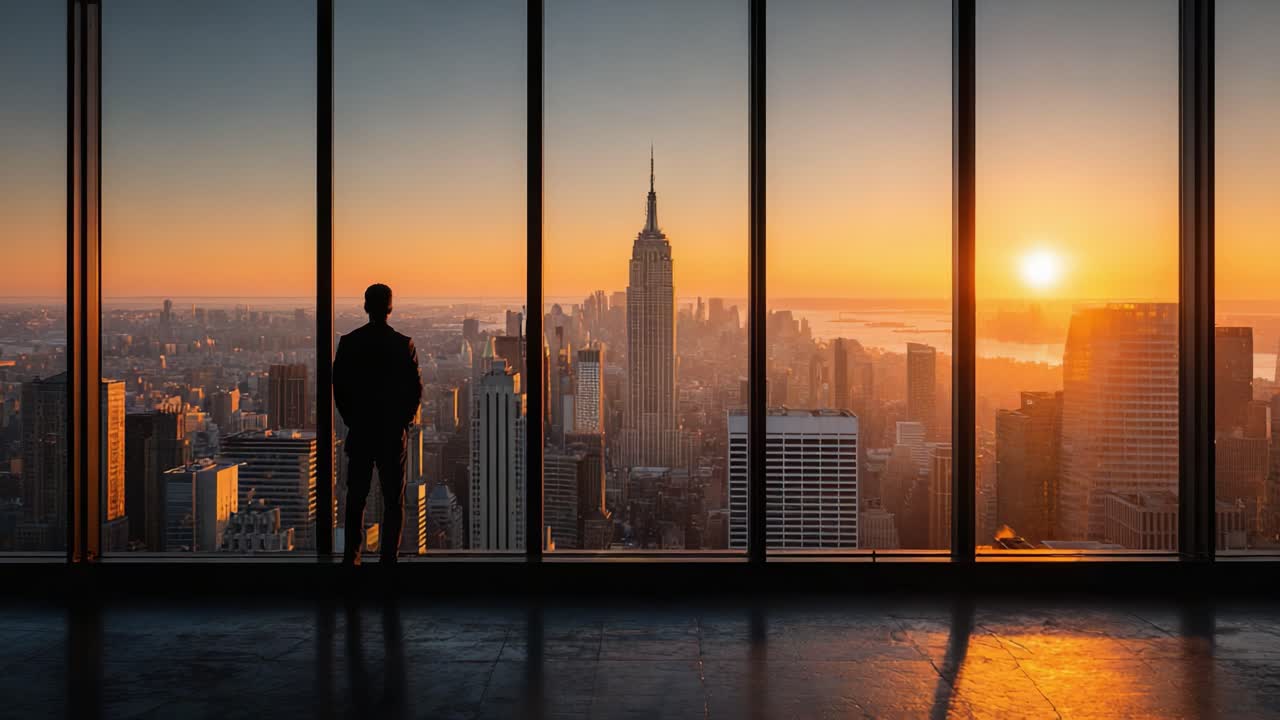 Un majestuoso atardecer sobre el horizonte de la ciudad: silueta de un hombre admirando los vibrantes colores que se reflejan en los edificios de cristal durante la hora dorada
