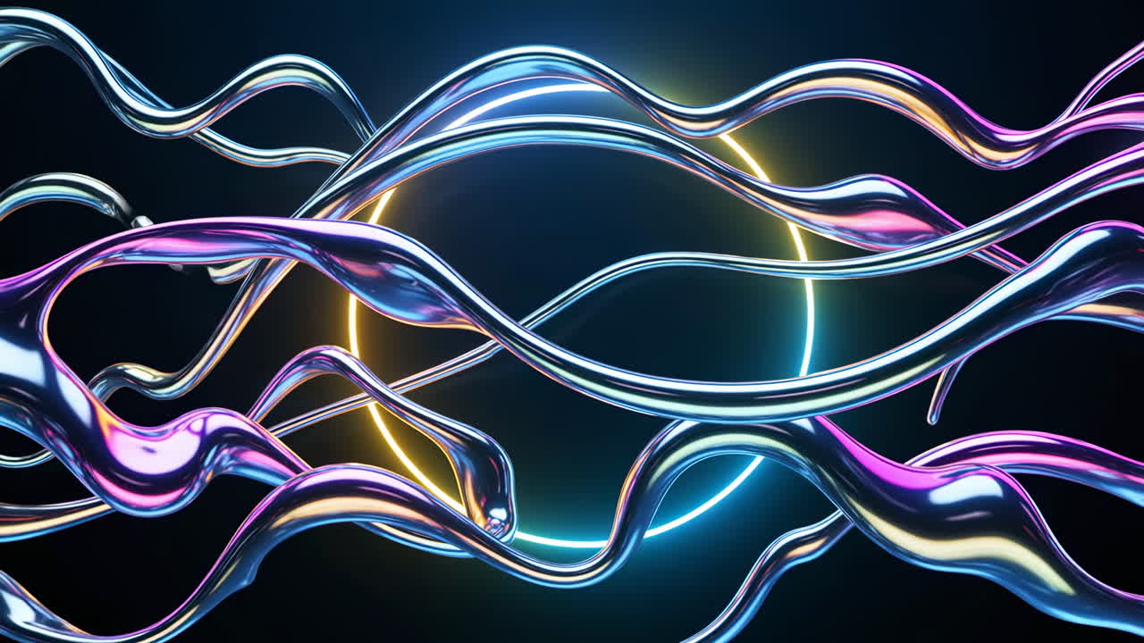 Abstract 3D chrome liquid with neon curves